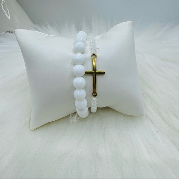 Stainless Steel Cross beaded White Theme  Bracelets - Picture 1 of 6